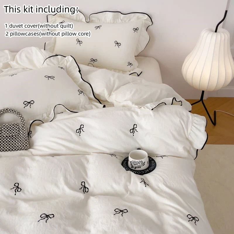 Bow Embroidery Bedding Set with Ruffles