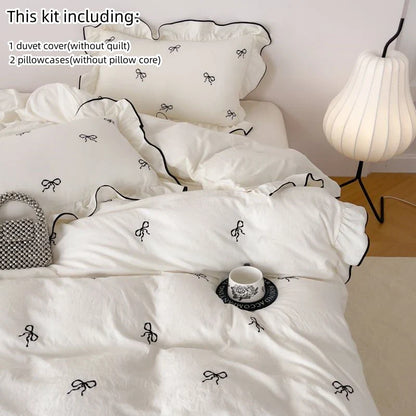 Bow Embroidery Bedding Set with Ruffles