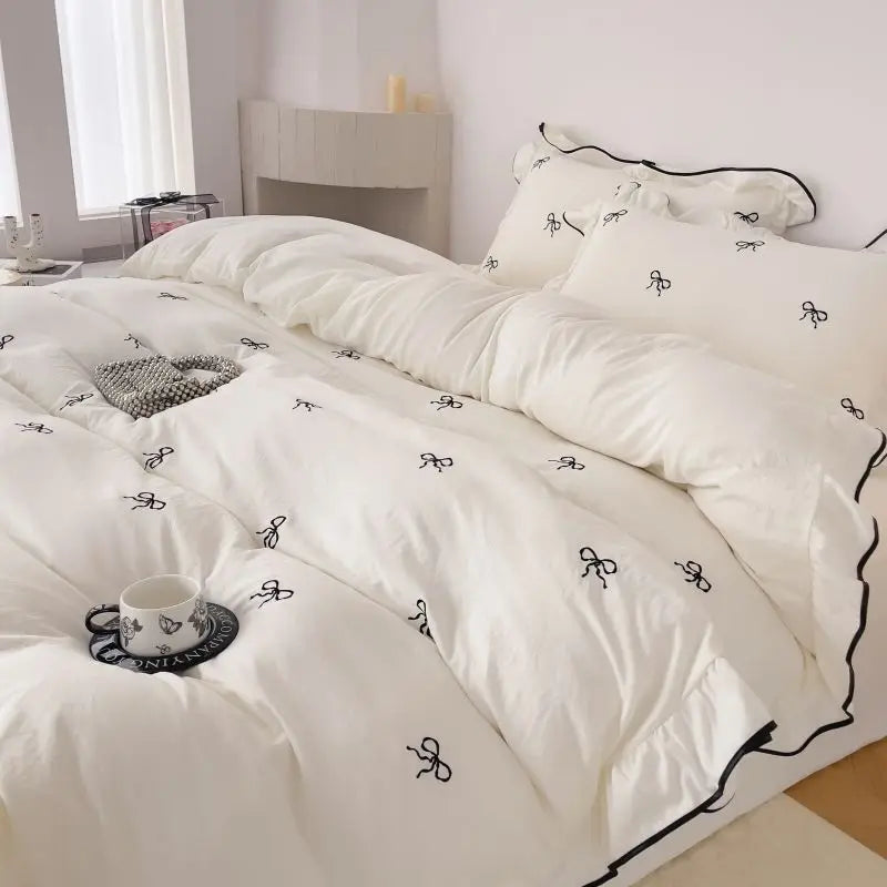 Bow Embroidery Bedding Set with Ruffles