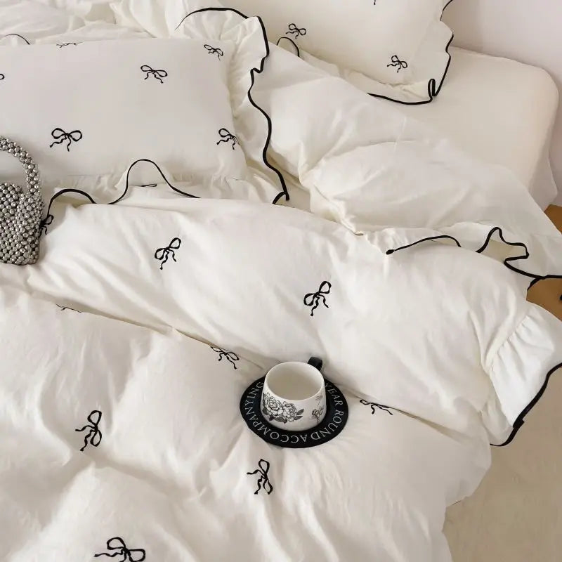 Bow Embroidery Bedding Set with Ruffles