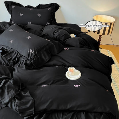 Bow Embroidery Bedding Set with Ruffles
