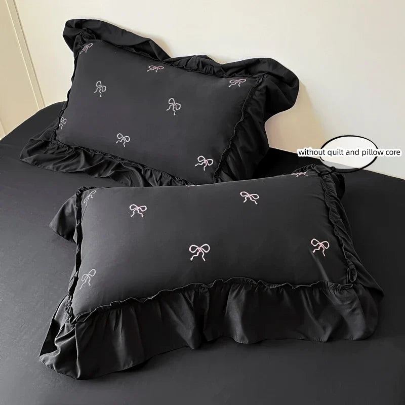 Bow Embroidery Bedding Set with Ruffles