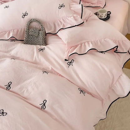 Bow Embroidery Bedding Set with Ruffles
