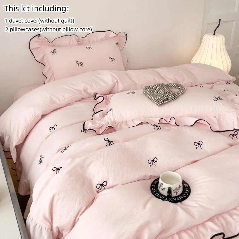 Bow Embroidery Bedding Set with Ruffles