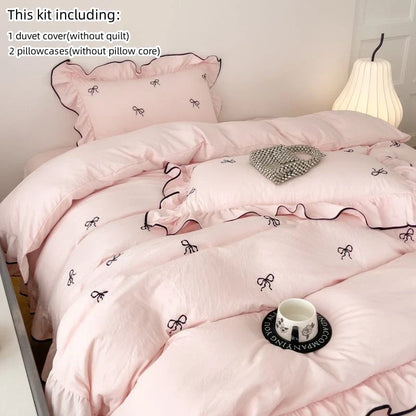Bow Embroidery Bedding Set with Ruffles