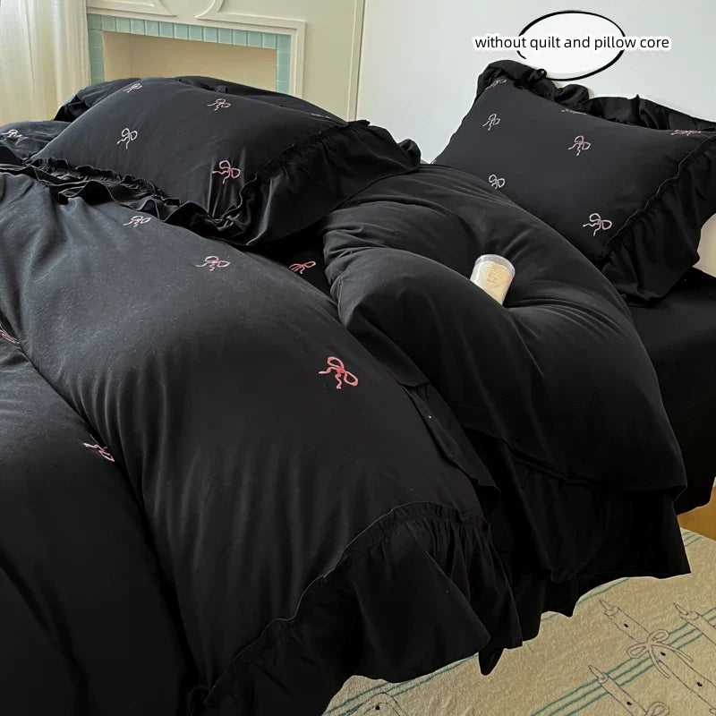 Bow Embroidery Bedding Set with Ruffles