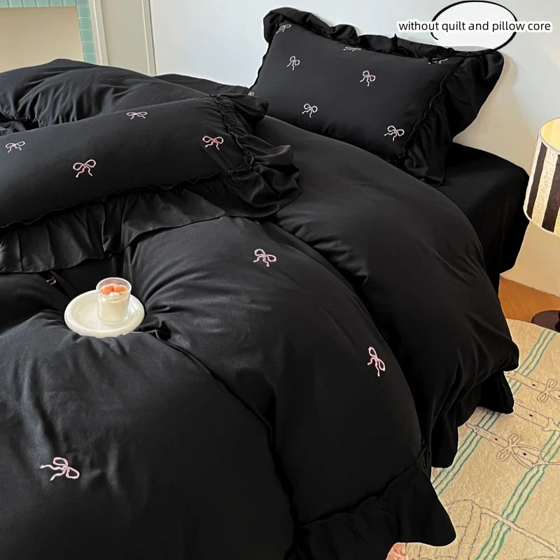 Bow Embroidery Bedding Set with Ruffles