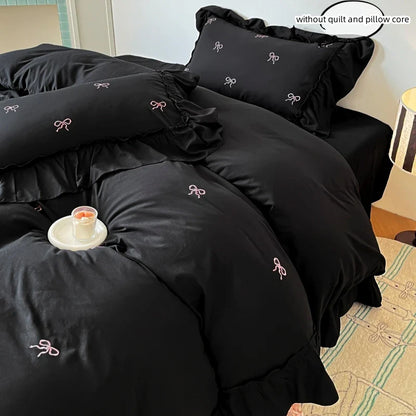 Bow Embroidery Bedding Set with Ruffles