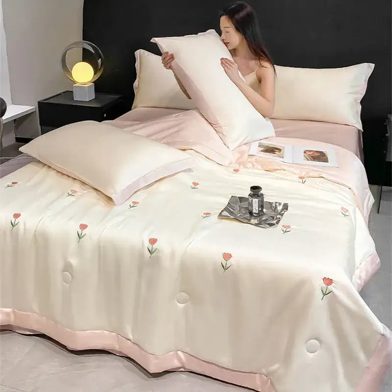Cream-colored satin bedding set with pink floral embroidery and ruffled hem by decorbites bowknot embroidered summer