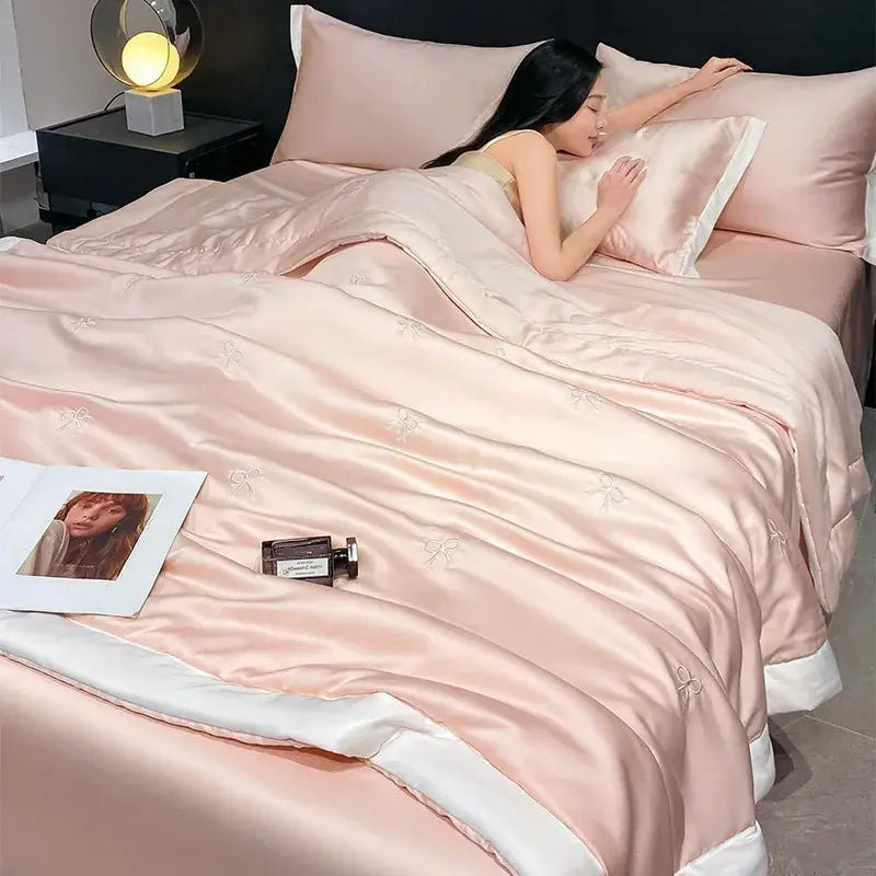 Pink satin quilt bedding set with white embroidered bows and contrasting white border decorbites bowknot embroidered summer
