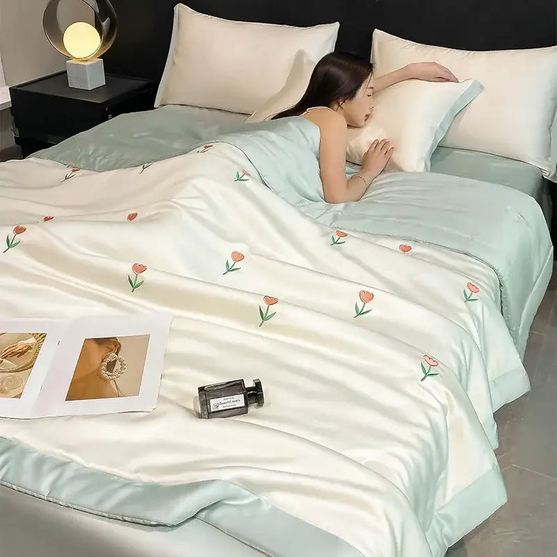 A soft light mint green satin bedding set with delicate pink tulip embroidery from decorbites bowknot embroidered summer collection