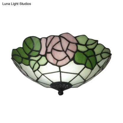 Lámpara de techo DecorBites™ Bowl Flush estilo loft rústico con vitral y diseño de rosas en rosa y blanco.