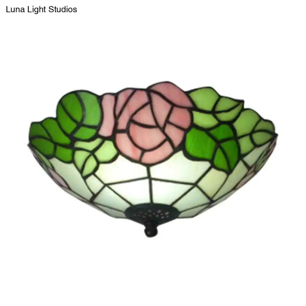 Lámpara de techo DecorBites™ Bowl Flush estilo loft rústico con vitral y diseño de rosas en rosa y blanco.