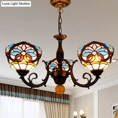 Bowl-Shaped Stained Glass Chandelier: Lodge Décor with Crystal Accents, Multicolor Design