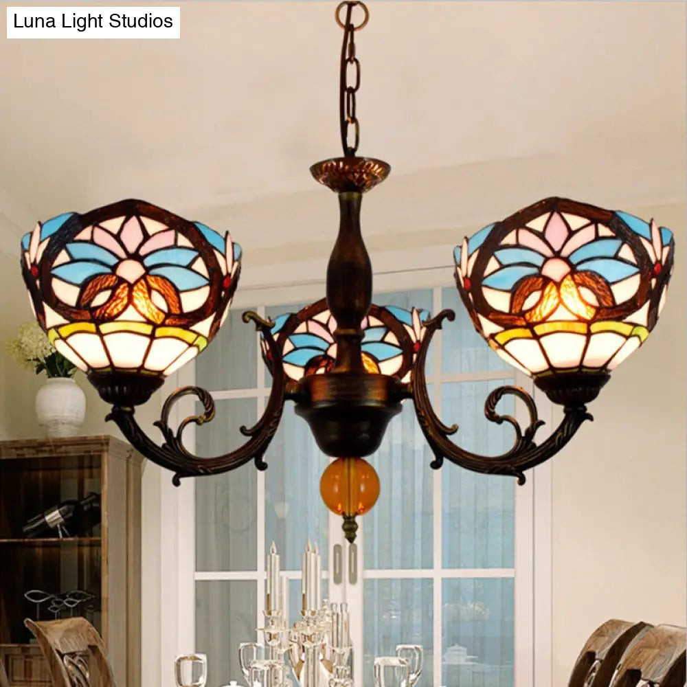 Bowl-Shaped Stained Glass Chandelier: Lodge Décor with Crystal Accents, Multicolor Design