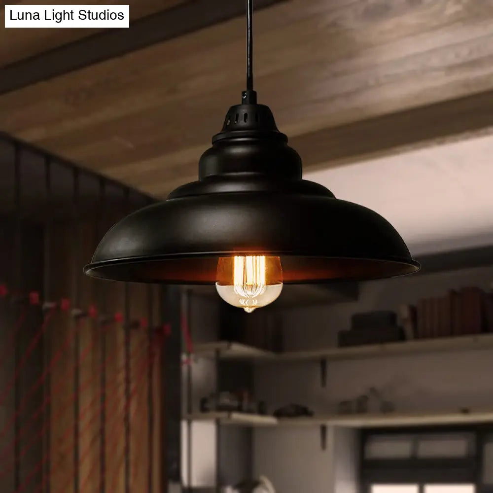 Bowl Suspension Pendant Light in Black - Industrial Style Metal, 1 Light for Dining Room