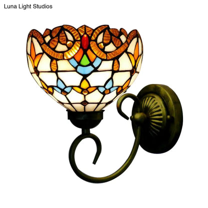 Bowl Wall Mount Light with Curved Arm - 1 Light Stained Glass Victorian Sconce in Brown/Blue