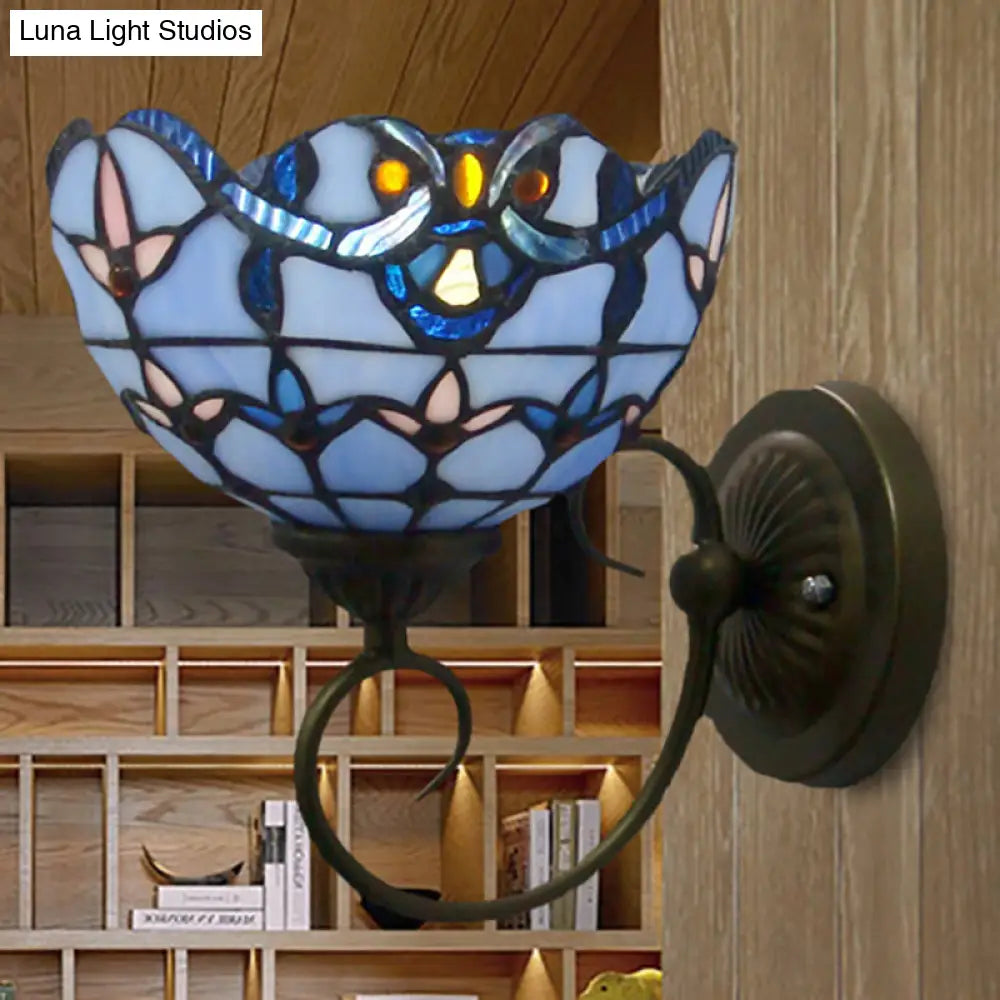Bowl Wall Mount Light with Curved Arm - 1 Light Stained Glass Victorian Sconce in Brown/Blue