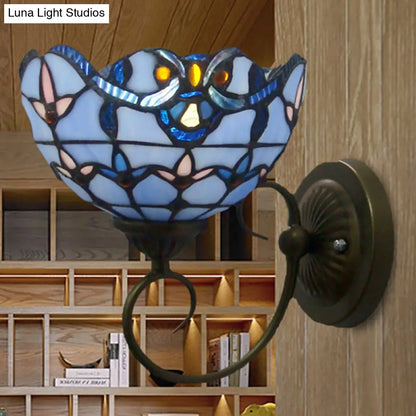 Bowl Wall Mount Light with Curved Arm - 1 Light Stained Glass Victorian Sconce in Brown/Blue