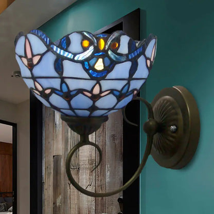 Bowl Wall Mount Light with Curved Arm - 1 Light Stained Glass Victorian Sconce in Brown/Blue