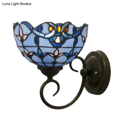 Bowl Wall Mount Light with Curved Arm - 1 Light Stained Glass Victorian Sconce in Brown/Blue