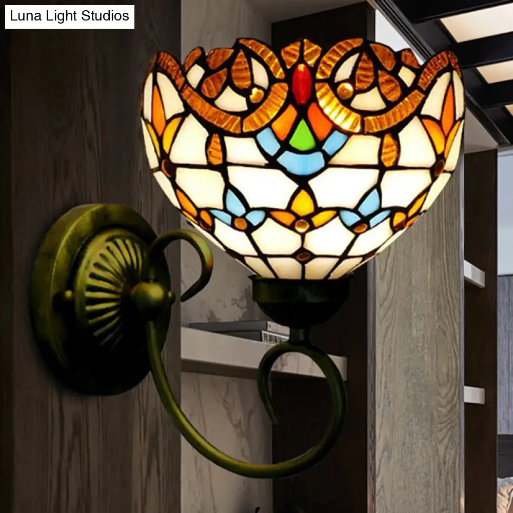 Bowl Wall Mount Light with Curved Arm - 1 Light Stained Glass Victorian Sconce in Brown/Blue