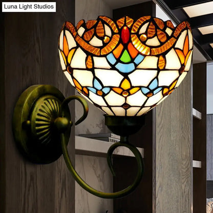Bowl Wall Mount Light with Curved Arm - 1 Light Stained Glass Victorian Sconce in Brown/Blue