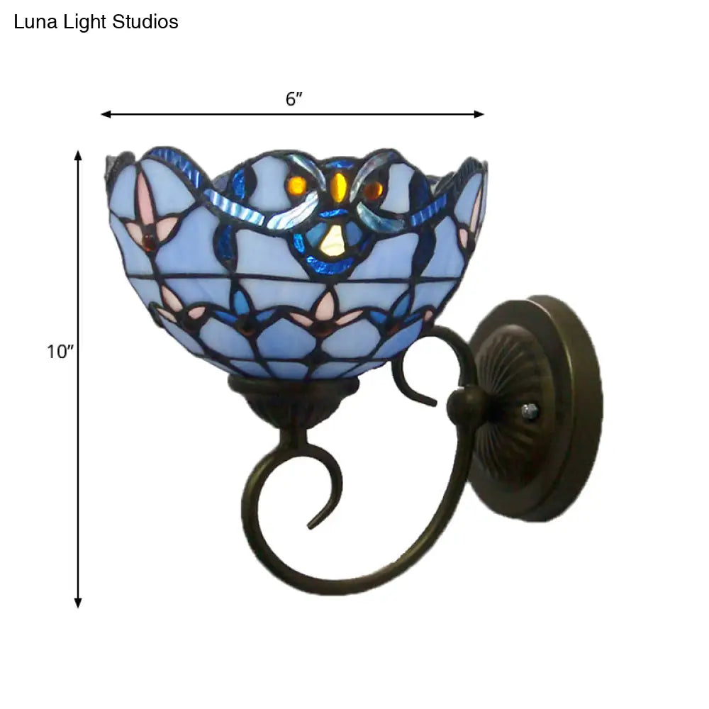 Bowl Wall Mount Light with Curved Arm - 1 Light Stained Glass Victorian Sconce in Brown/Blue