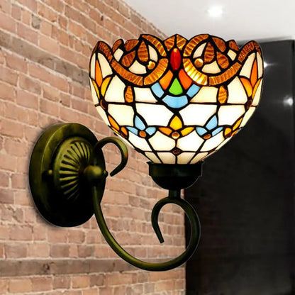 Bowl Wall Mount Light with Curved Arm - 1 Light Stained Glass Victorian Sconce in Brown/Blue