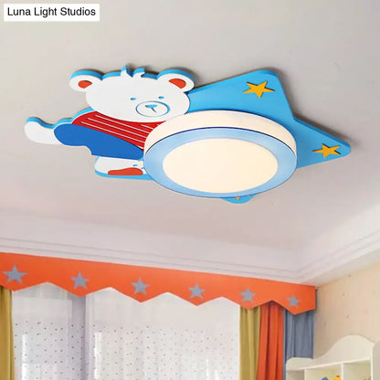 DecorBites™ Boys' Cartoon Bear Wood Animal Blue LED Ceiling Light
