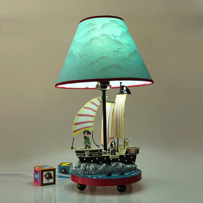 Boy's Pirate Sailboat Bedside Lamp with 1 Light Resin Construction and Blue Conical Shade