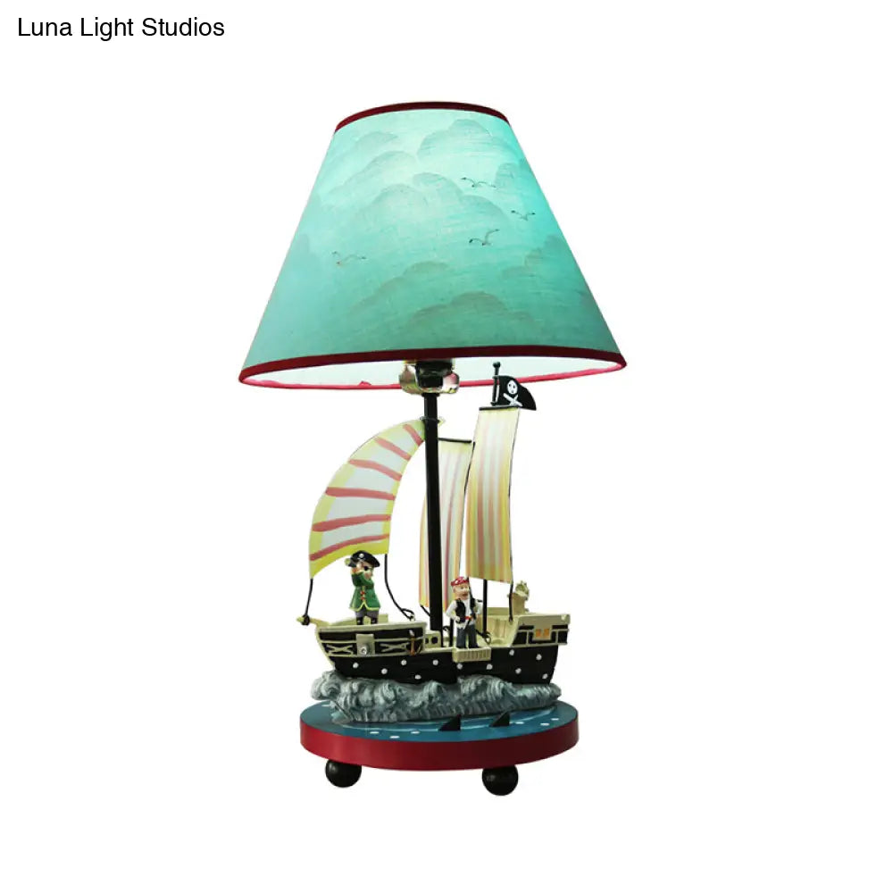 Boy's Pirate Sailboat Bedside Lamp with 1 Light Resin Construction and Blue Conical Shade