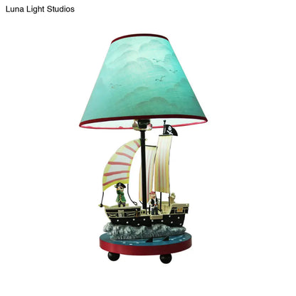 Boy's Pirate Sailboat Bedside Lamp with 1 Light Resin Construction and Blue Conical Shade