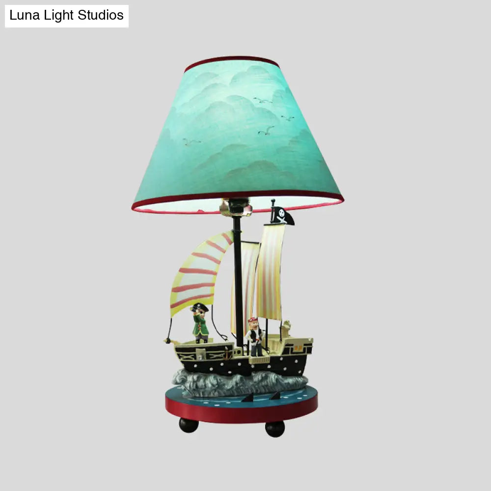 Boy's Pirate Sailboat Bedside Lamp with 1 Light Resin Construction and Blue Conical Shade
