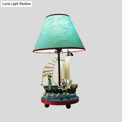 Boy's Pirate Sailboat Bedside Lamp with 1 Light Resin Construction and Blue Conical Shade