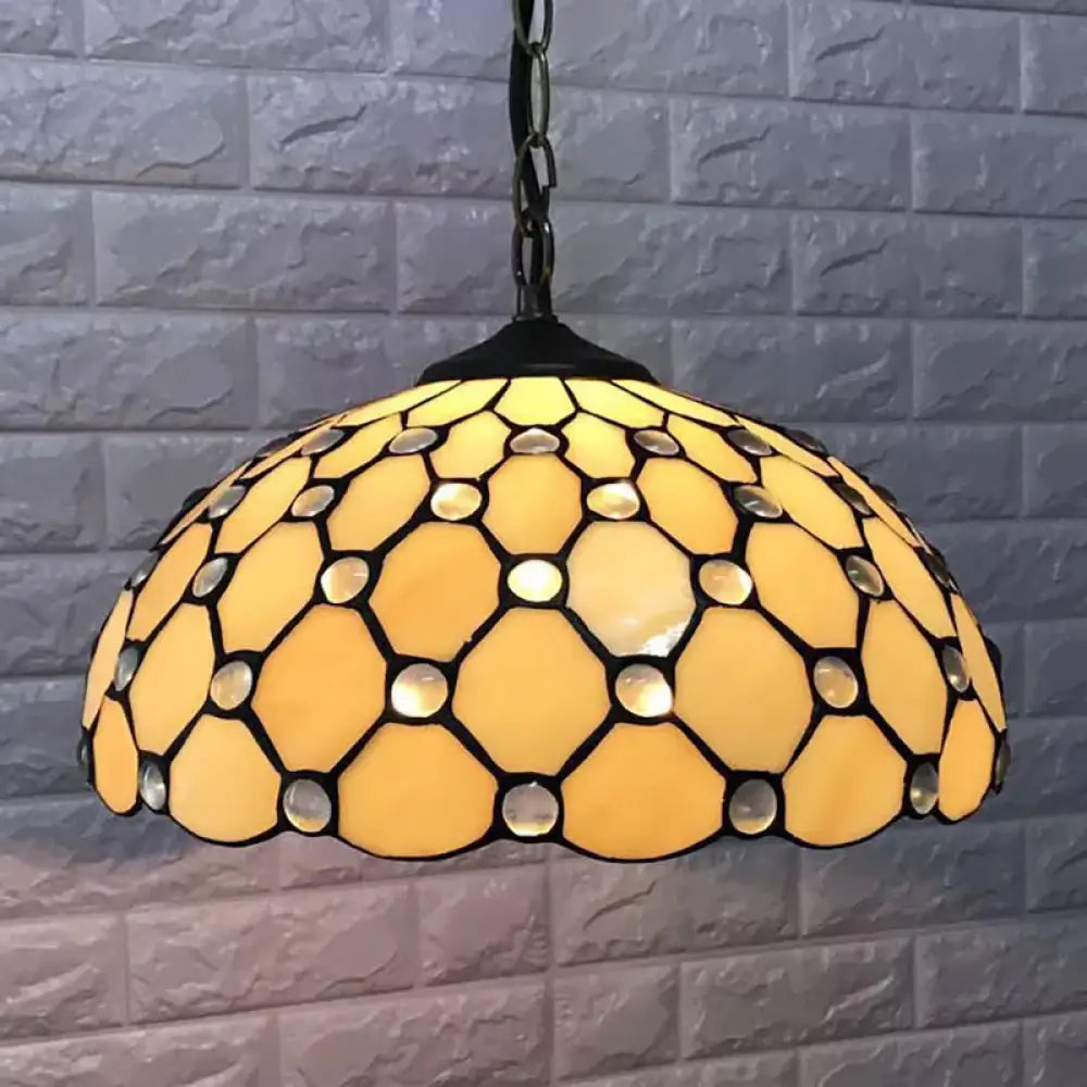 Brass 1-Head Tiffany Glass Pendant Light with Jewel - Multiple Sizes Available