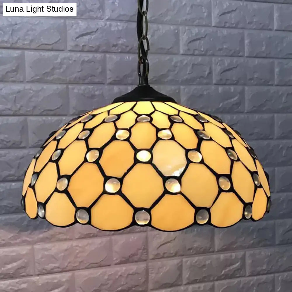 Brass 1-Head Tiffany Glass Pendant Light with Jewel - Multiple Sizes Available