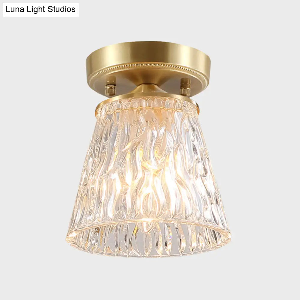 Brass 1-Light Semi Flush Mount with Clear Ripple/Fluted Glass Cone/Flower Design for Living Room Ceiling