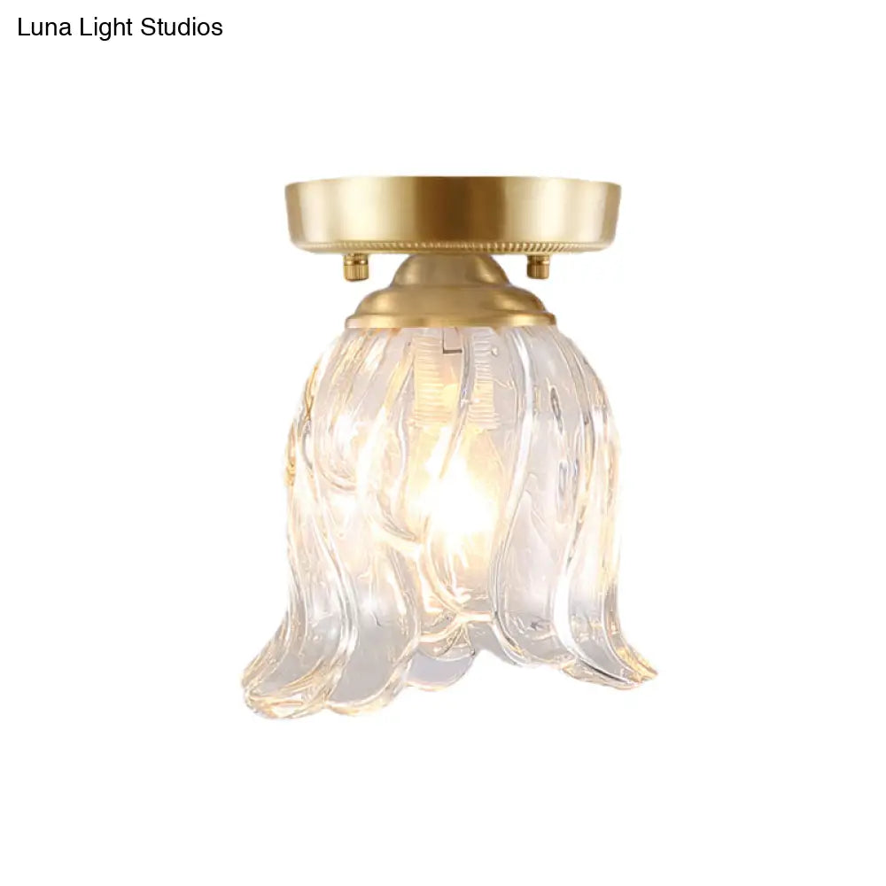 Brass 1-Light Semi Flush Mount with Clear Ripple/Fluted Glass Cone/Flower Design for Living Room Ceiling