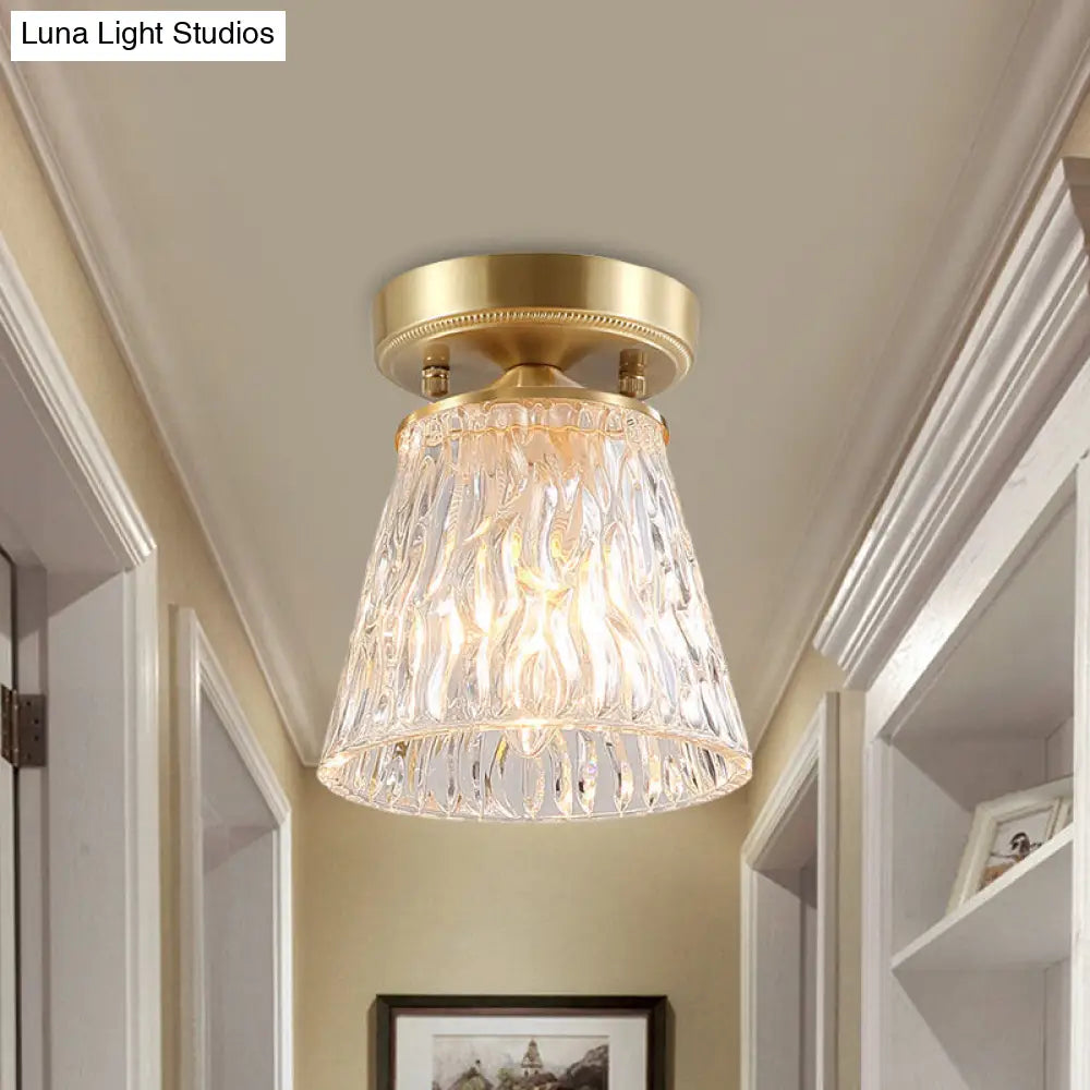 Brass 1-Light Semi Flush Mount with Clear Ripple/Fluted Glass Cone/Flower Design for Living Room Ceiling