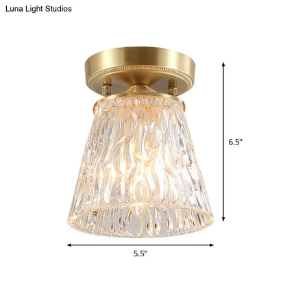 Brass 1-Light Semi Flush Mount with Clear Ripple/Fluted Glass Cone/Flower Design for Living Room Ceiling