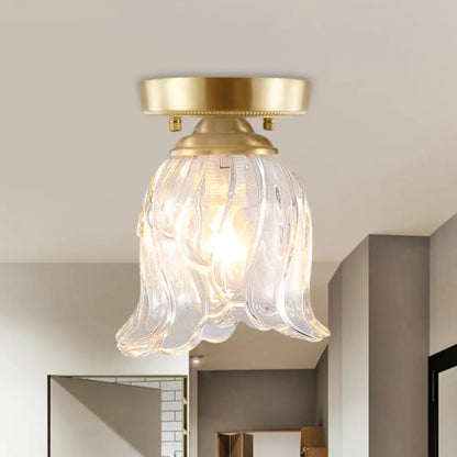 Brass 1-Light Semi Flush Mount with Clear Ripple/Fluted Glass Cone/Flower Design for Living Room Ceiling