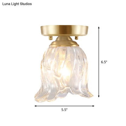 Brass 1-Light Semi Flush Mount with Clear Ripple/Fluted Glass Cone/Flower Design for Living Room Ceiling