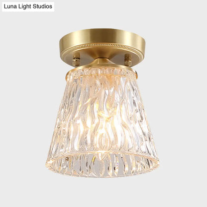 Brass 1-Light Semi Flush Mount with Clear Ripple/Fluted Glass Cone/Flower Design for Living Room Ceiling