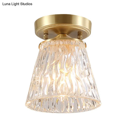 Brass 1-Light Semi Flush Mount with Clear Ripple/Fluted Glass Cone/Flower Design for Living Room Ceiling