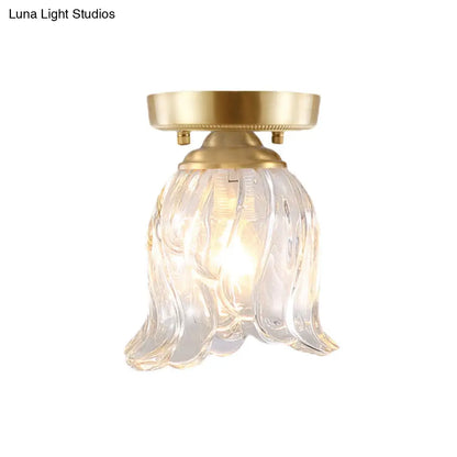 Brass 1-Light Semi Flush Mount with Clear Ripple/Fluted Glass Cone/Flower Design for Living Room Ceiling