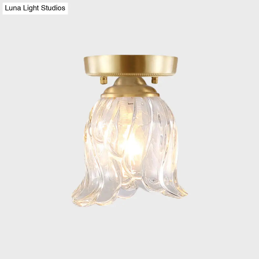 Brass 1-Light Semi Flush Mount with Clear Ripple/Fluted Glass Cone/Flower Design for Living Room Ceiling