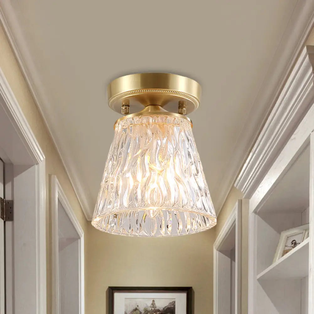 Brass 1-Light Semi Flush Mount with Clear Ripple/Fluted Glass Cone/Flower Design for Living Room Ceiling