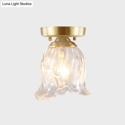 Brass 1-Light Semi Flush Mount with Clear Ripple/Fluted Glass Cone/Flower Design for Living Room Ceiling