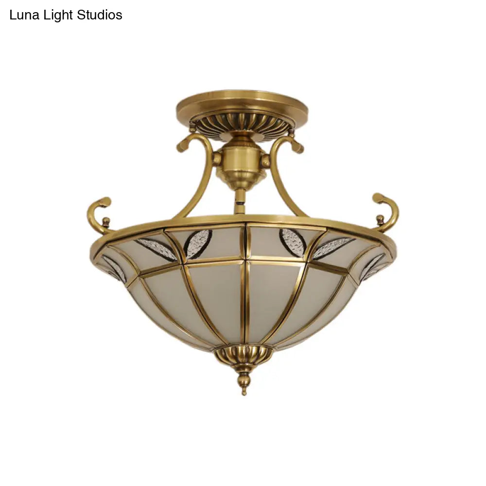 DecorBites™ Brass 3-Head Colonial Semi Flush Light with Sandblasted Glass Dome - Porch Ceiling Fixture